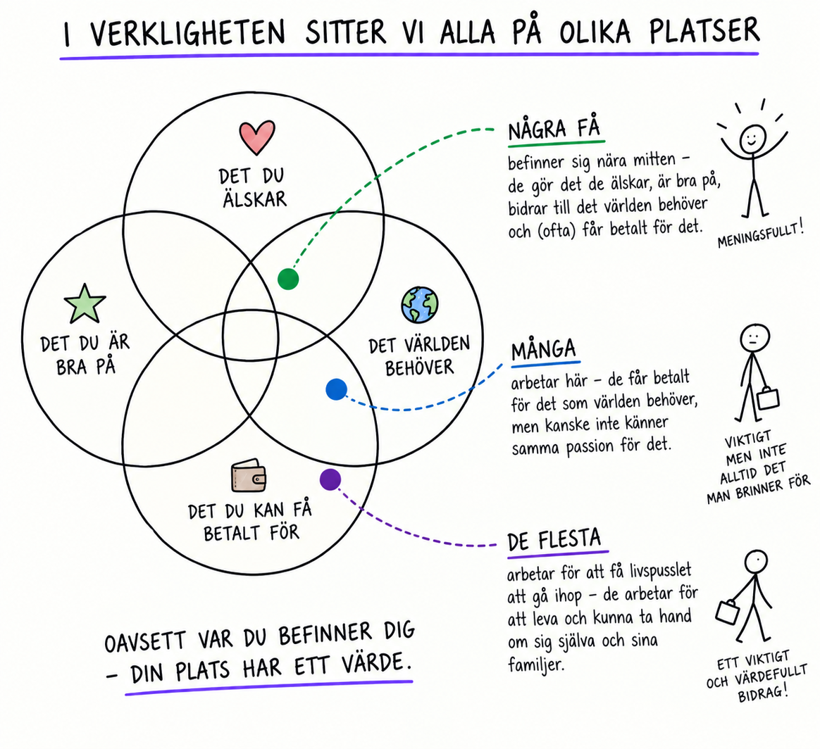 Fyra överlappande cirklar visar det man älskar, det man är bra på, det världen behöver och det man kan få betalt för. Tre exempel på olika positioner i diagrammet visar att människor kan bidra och ha ett värdefullt arbetsliv även när alla fyra områden inte överlappar.